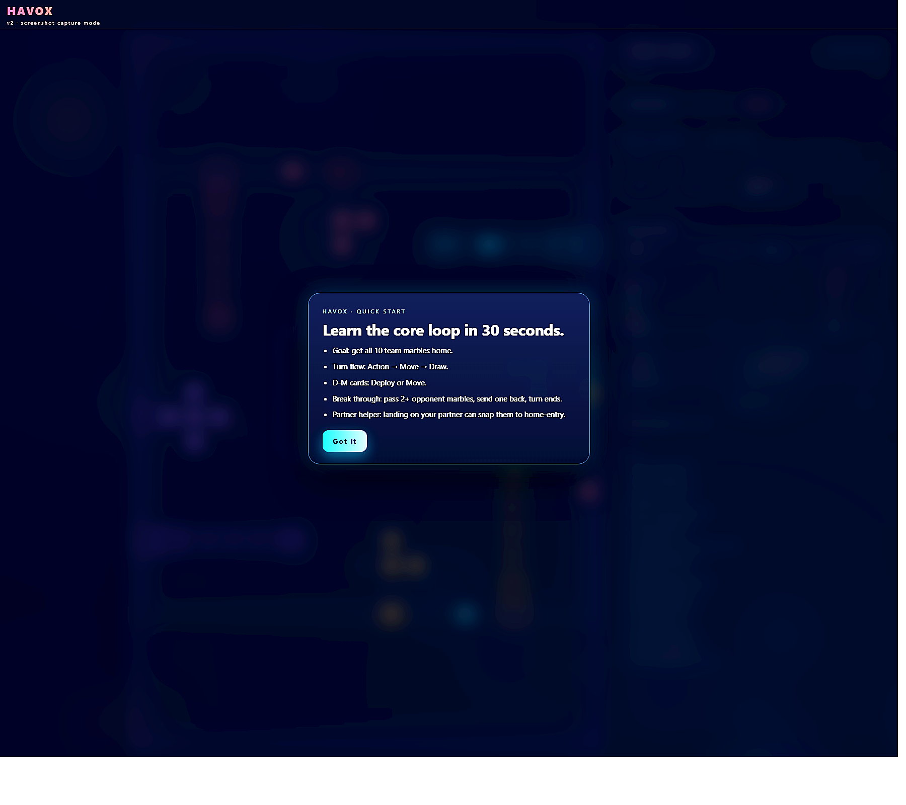 Havox quick-start overlay shown over the live prototype.